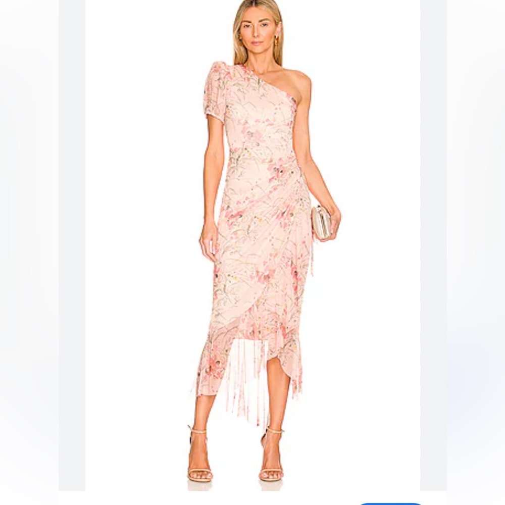 pink floral bcbg one shoulder dress